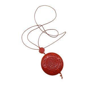 Vintage Chinese Carved Cinnabar Pendant Necklace with Intricate Motifs on Red
